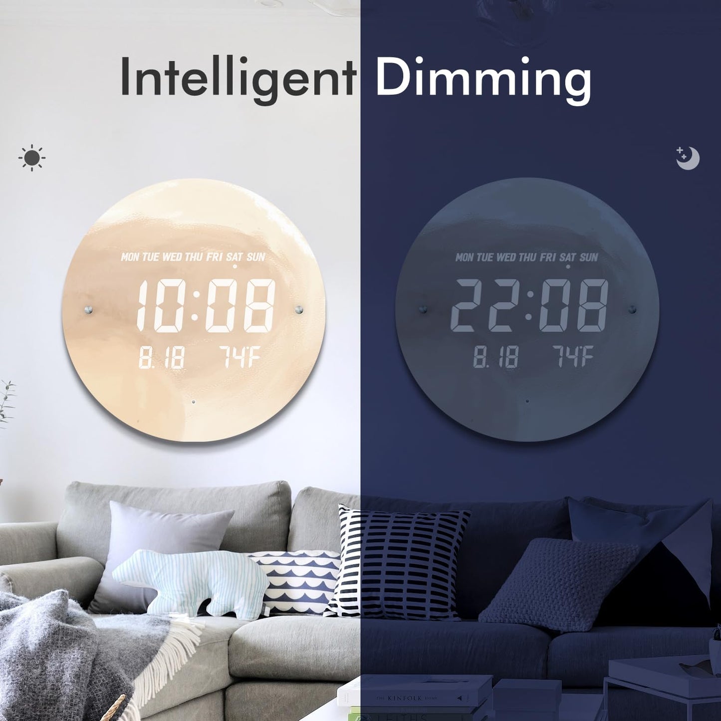 SCOAGE Digital Moon Wall Clock with Temperature/Time/Date, 12'' Modern Led Wall Clock Battery Operated, Smart Dimming, Large Display Decorative for Bedroom/Office/Kitchen