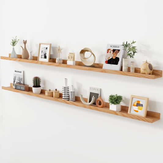 Axeman Oak Picture Ledge Shelf, 72 Inch Floating Shelves Set of 2, Solid Oak Wood Wall Shelves with Lip, Wall Decor Storage for Bedroom Living Room Bathroom Kitchen Nursery Photo Picture, Natural Oak