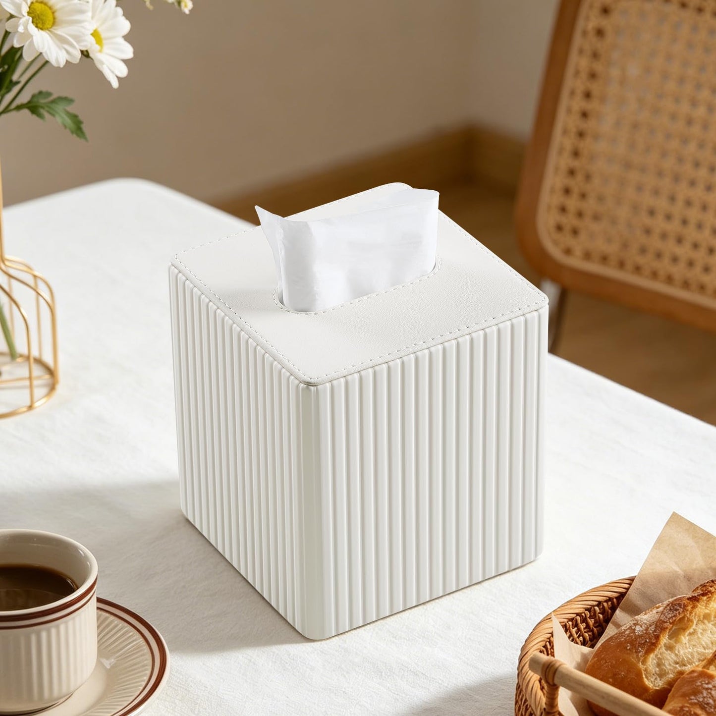 MEIBOOCH PU Leather Tissue Box Cover Square Tissue Box Holder with Magnetic Closure (Ivory)