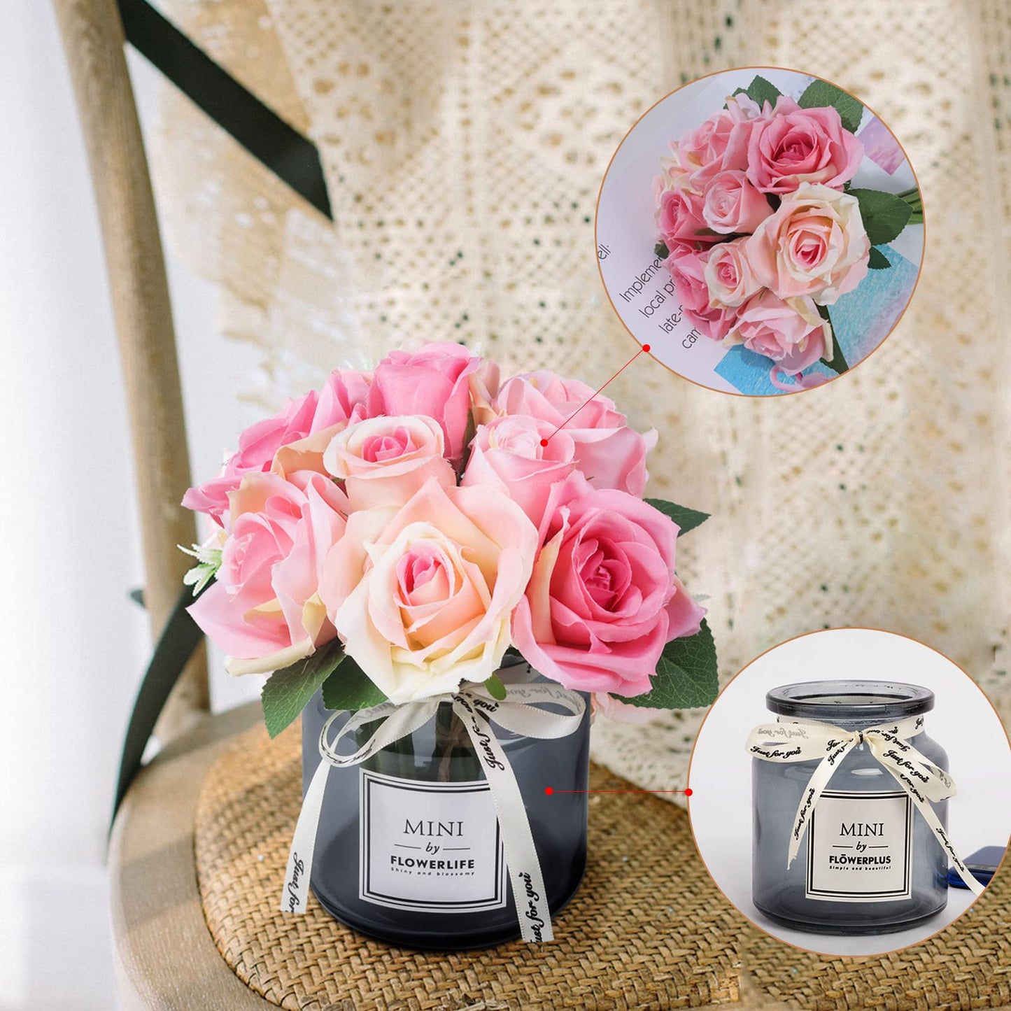 XIAYAN Artificial Flower and Glass vase, Silk Rose Flower Glass Bottle Set, Suitable for Living Room, Dining Table, Office, Wedding, Hotel Banquet and Other Home Decoration. (Pink)………
