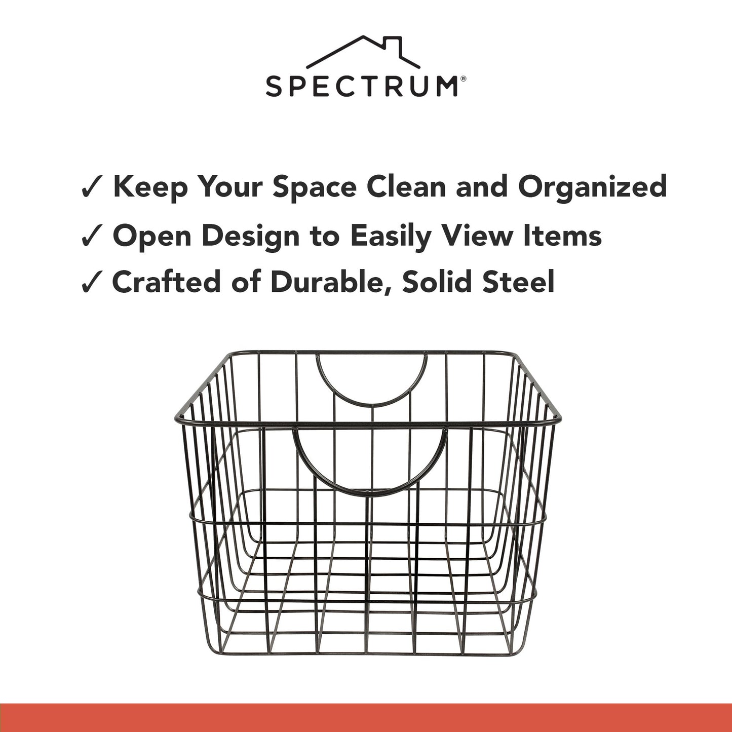 Spectrum Large Wire Basket with Handle Black Metal Utility Storage Bin for Organizing Kitchen Pantry Cabinets Closet and Garage Shelves, Steel Metal Basket Storage Organizer Bin with Handle