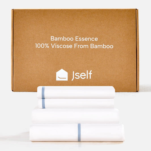 JSELF 100% Viscose Derived from Bamboo Sheet Set - Hotel Luxury Cooling Bed Sheets for Hot Sleepers & Night Sweats, 18" Deep Pocket, Soft & Breathable, Oeko-TEX (White with Blue Tape, Queen)