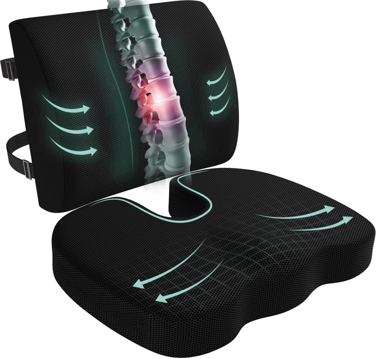 XSNDSENN Seat Cushion and Lumbar Support Pillow for Office Chair, Wheelchair, Memory Foam Coccyx Cushion for Sciatica Tailbone Pain Relief, Back Support for Car Chairs, Desk Chair
