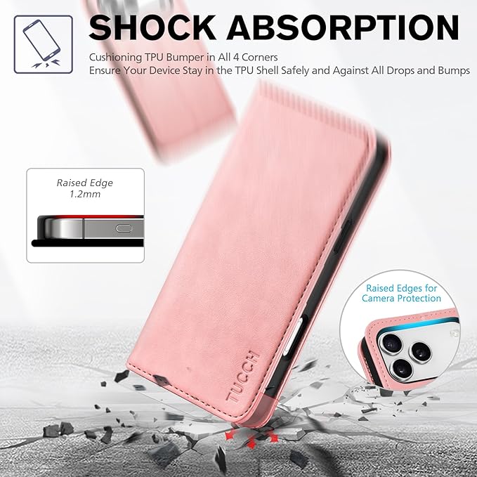 TUCCH Case Wallet for iPhone 17 Pro Max (6.9") 2025, RFID Blocking 3 Card Holders | Kickstand | PU Leather | Protective Flip Folio Cover | TPU Shockproof Interior Shell | Pink