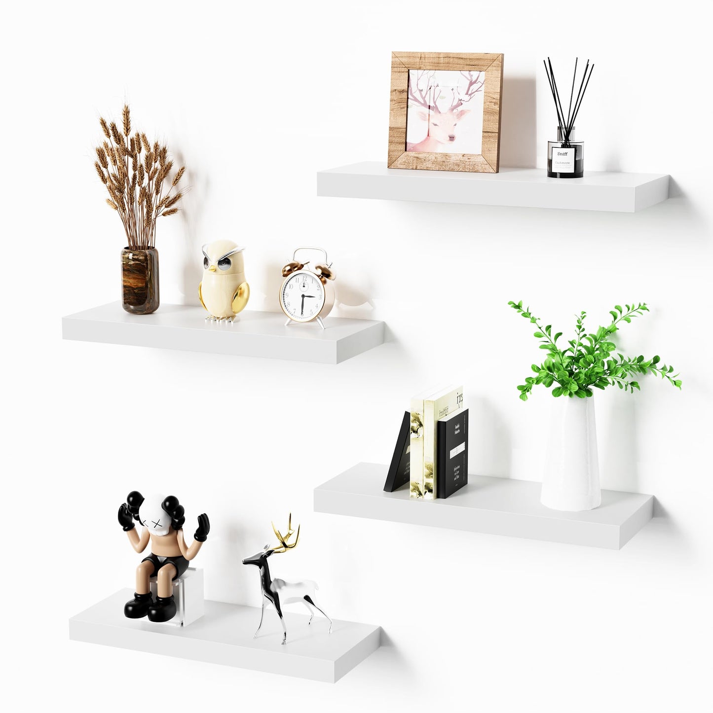 Bellsal Floating Shelves for Wall, White Engineered Wood Wall Shelf Set of 4, 16" Wall Mounted Floating Shelf for Kitchen, Living Room, Bedroom, Bathroom Storage, Book Shelf for Walls Home Decor