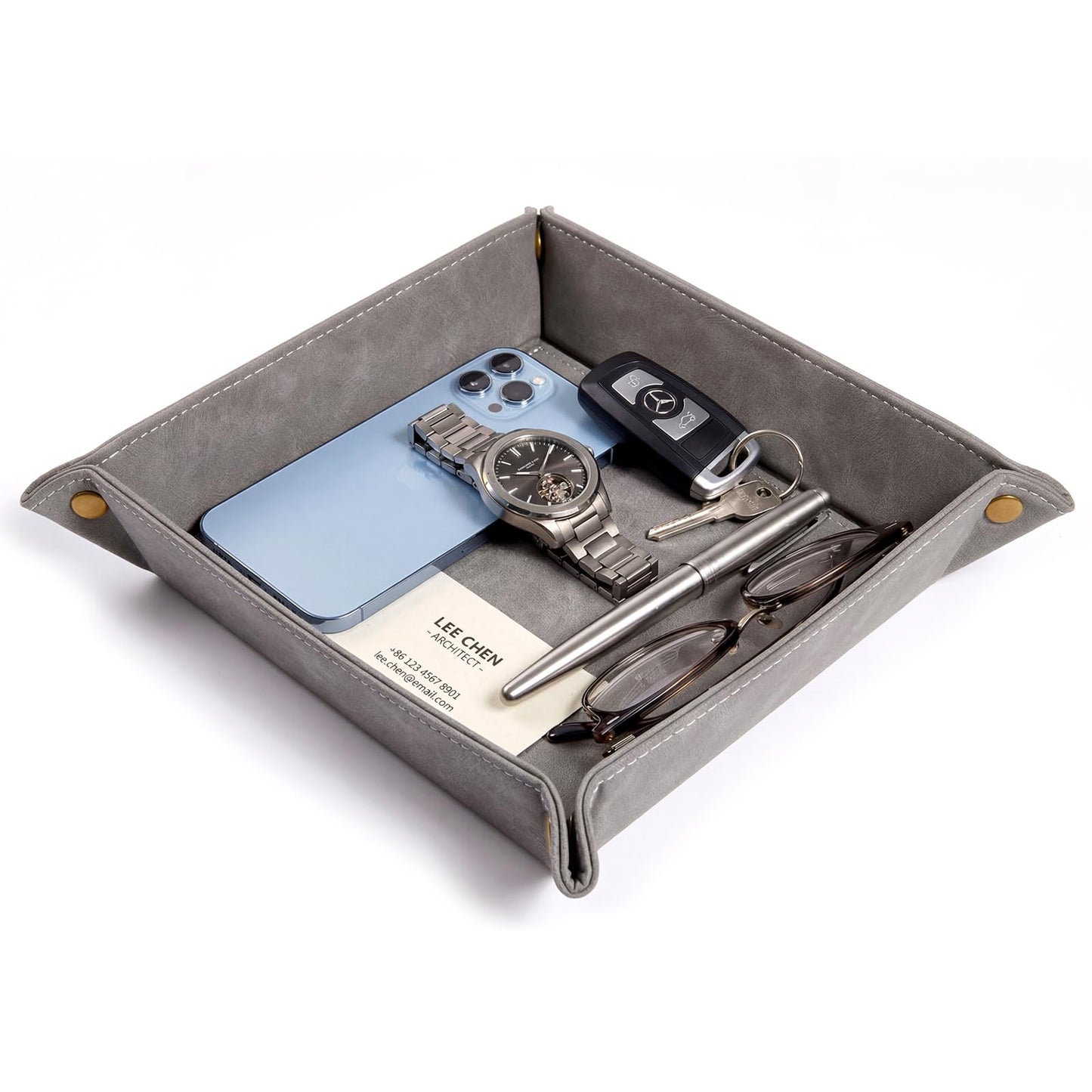 CoBak Leather Valet Tray, Premium PU Leather Catch-All Tray for Entryway Table Key, Phone, Wallet, Coins & Jewelry, Bedside Nightstand Desk-top Catchall (Gray)