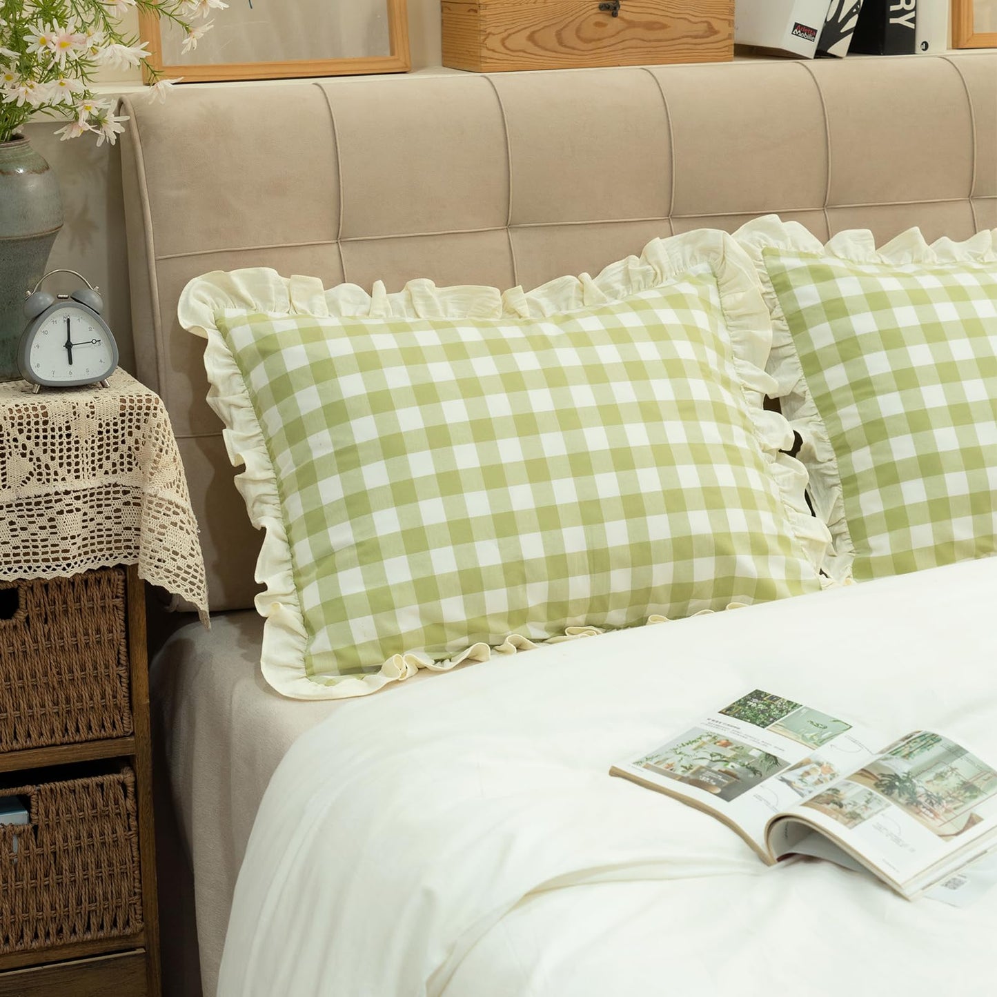 GLORY SEASON Pillow Shams Set of 2 Yarn-Dyed Pure Cotton Retro Ruffle Flounces Trim Green Check Decorative Pillow Cases for Home Bedroom Decor Standard 20x26 Inch