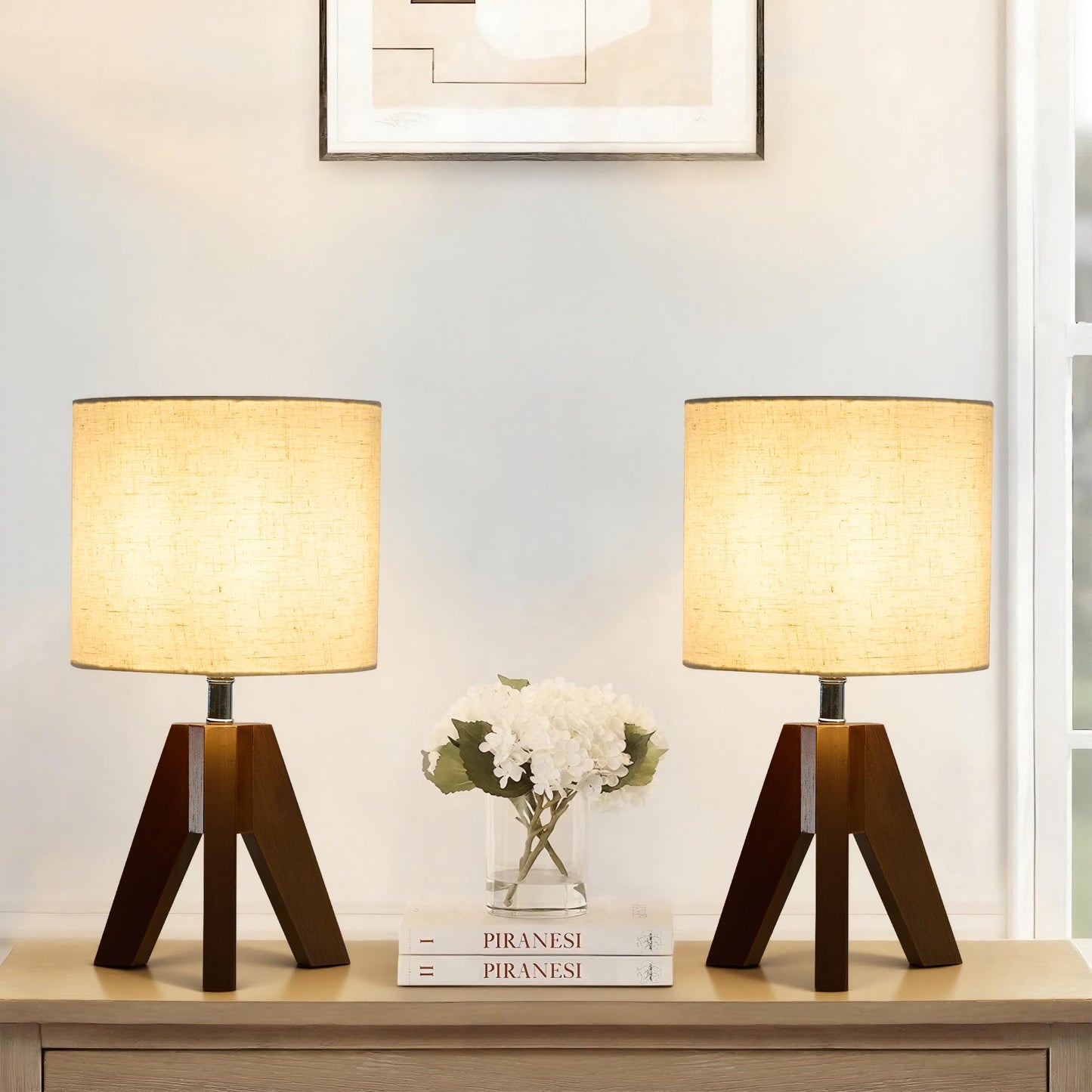 Booniture Set of 2 Tripod Table Lamps,Stepless Dimmable Small Bedside Lamps with Beige Linen Shade, Boho Modern Nightstand Lamps for Bedroom Living Room Office,E26 Socket, Walnut