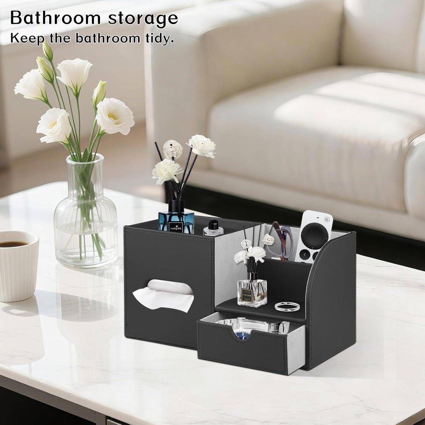 PU Leather Square Tissue Box Cover with Tray and Organizer, Multi-Function Remote Control Tissue Holder for Vanity, Nightstand, Bathroom, Home and Office