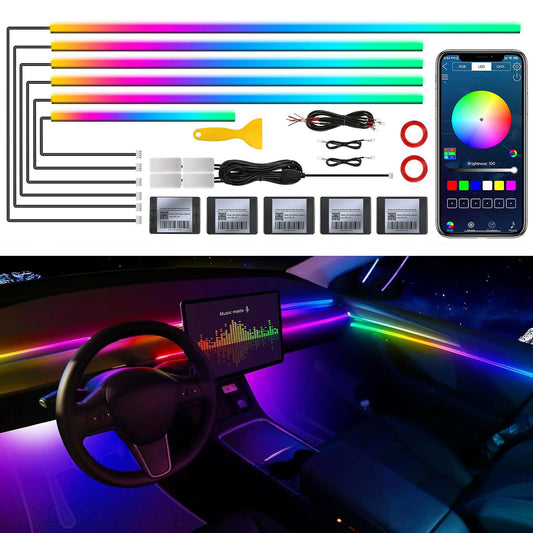 Dreamcolor Acrylic Interior Car LED Strip Light with Wireless APP, RGB 10 in 1 with 175 inches 593 Neon Car Ambient Lighting Kits, Dynamic Chasing Music Sync LEDs Fiber Optic Strip Lights for Car