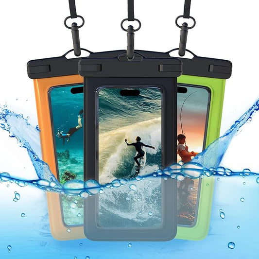 MMOBIEL Waterproof Phone Pouch [3 Pack] – Case Up to 7 inch for iPhone 16 15 14 Pro Max, Samsung Galaxy S25 S24 S23 S22 Series etc. – Cell Phone Dry Bag with Lanyard, Armband – Black, Green, Orange