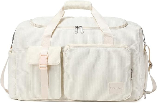 Girls Duffle Bag Woman Corduroy Travel Bag Kids Sports Duffel Bags With Shoe Compartment Wet Pocket (Beige)