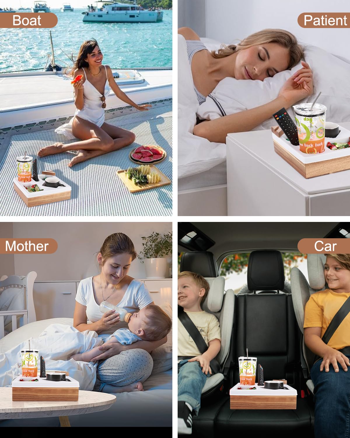 Couch Cup Holder Tray, Silicone Acacia Wooden Couch Caddy with Cup Holder for Snacks, Drinks, Remotes, Waterproof Cup Holder for Couch, Organizer, Couch Drink Holder, Pillow