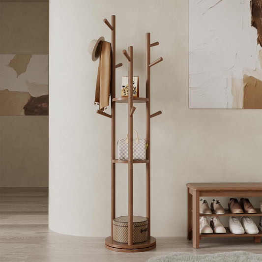 Muwuele Solid Wood Rotary Coat Rack, Freestanding Coat Rack with 3 Shelves and 9 Hooks, Coat tree for Bedroom, Entryway, Livingroom, Coat Hanger Stand for Coats, Scarves, Handbags (Walnut)