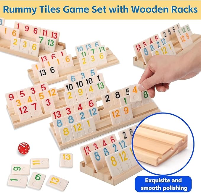 Deluxe Rummy Cube Game Set 6 Colors with 8 Wooden Racks 162 Rummy Tiles, Travel Family Board Game for Adults and Kids Age 8+,Birthday Gifts for Women Men Dad Mom