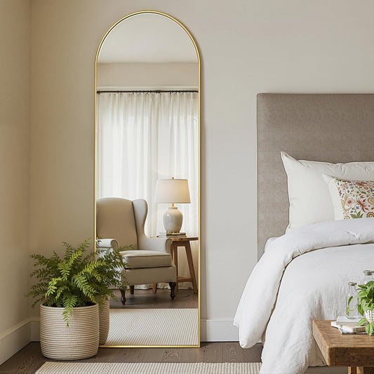 MISSDAY Arched Full Length Mirror, 64"x21" Full Body Mirror with Stand, Floor Mirror Long Free Standing, Leaning or Hanging, Aluminum Thin Frame Wall-Mounted Mirrors Wall Mirrors for Bedroom, Gold