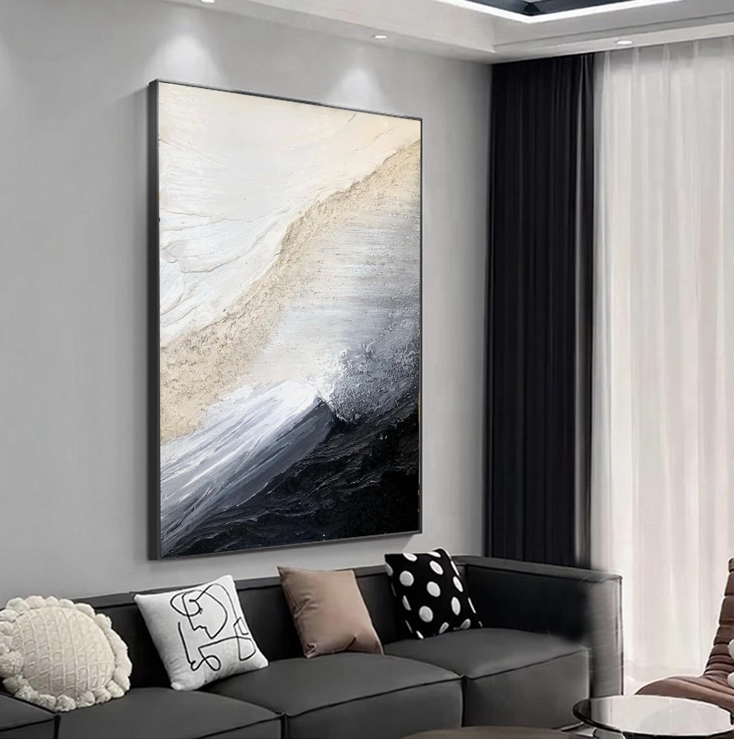3D Textured White and Black Seascape Wall Art For Entryways, Large Framed Impasto Abstract Oil Painting for Living Room,Neutral Tone Wabi-Sabi Minimalist Wall Decor for Office/Bedroom 28x40 inches