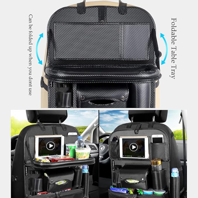 DURASIKO Car Backseat Organizer with Foldable Table Tray,Car Storage Organizer with Tablet Holder,Car Seat Back Protectors Kick Mats,Premium PU Leather Material,Compatible with Most Vehicles