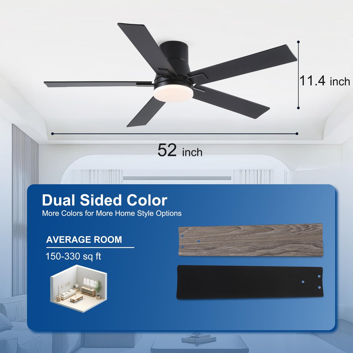 52 Inch Ceiling Fans with Lights and Remote,Flush Mount Black Ceiling Fan with 5 Blades,6 Speed Reversible DC Motor,3CCT Dimmable LED-Low Profile Design for Bedroom, Living room & Covered Outdoor