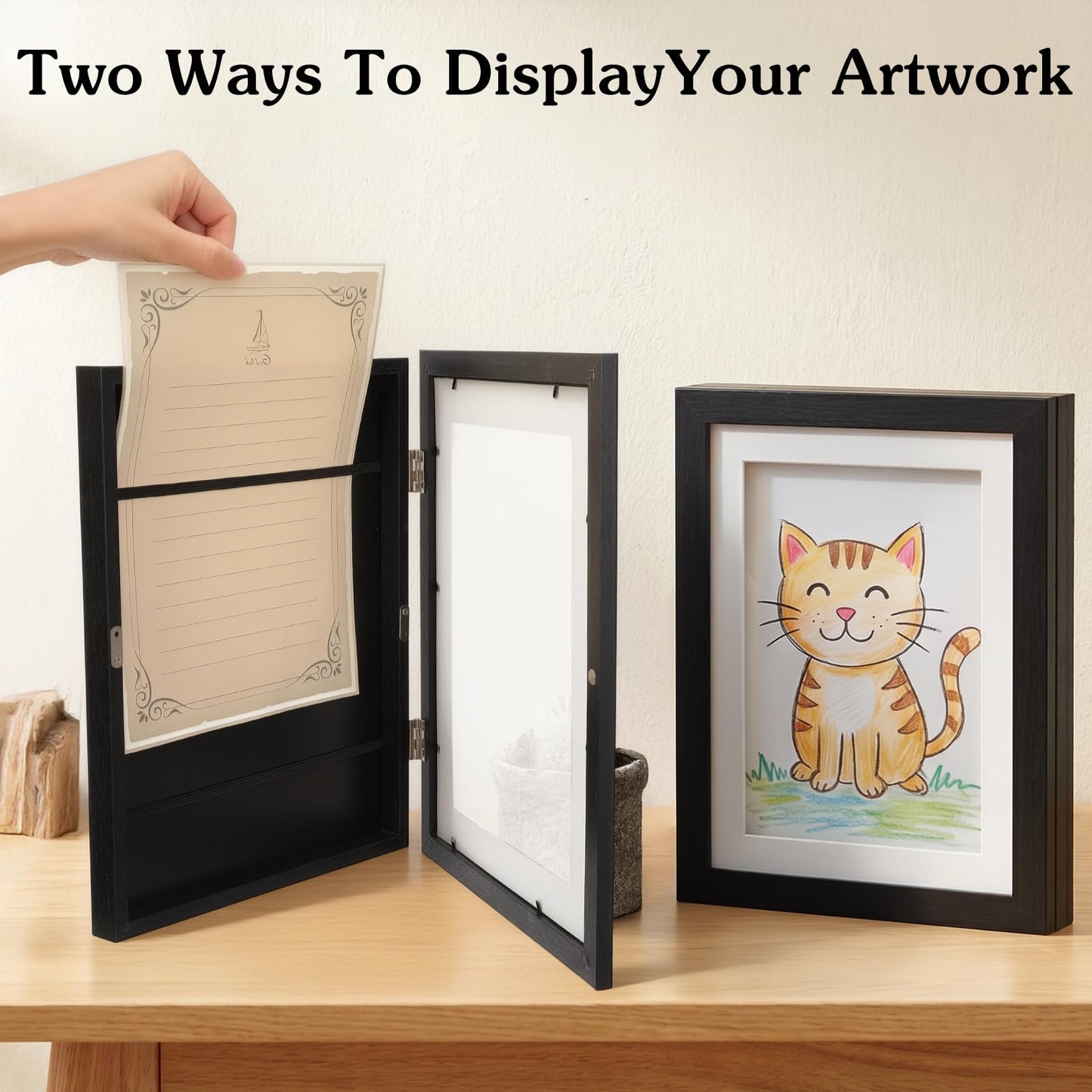 Ziouabaf 4 Pack Artwork Frames Changeable 8.5x11 Inch Front Opening Display Frame for Projects, Black Wood Frame Holds 150 Drawings, 3D Crafts, with 12 Hooks