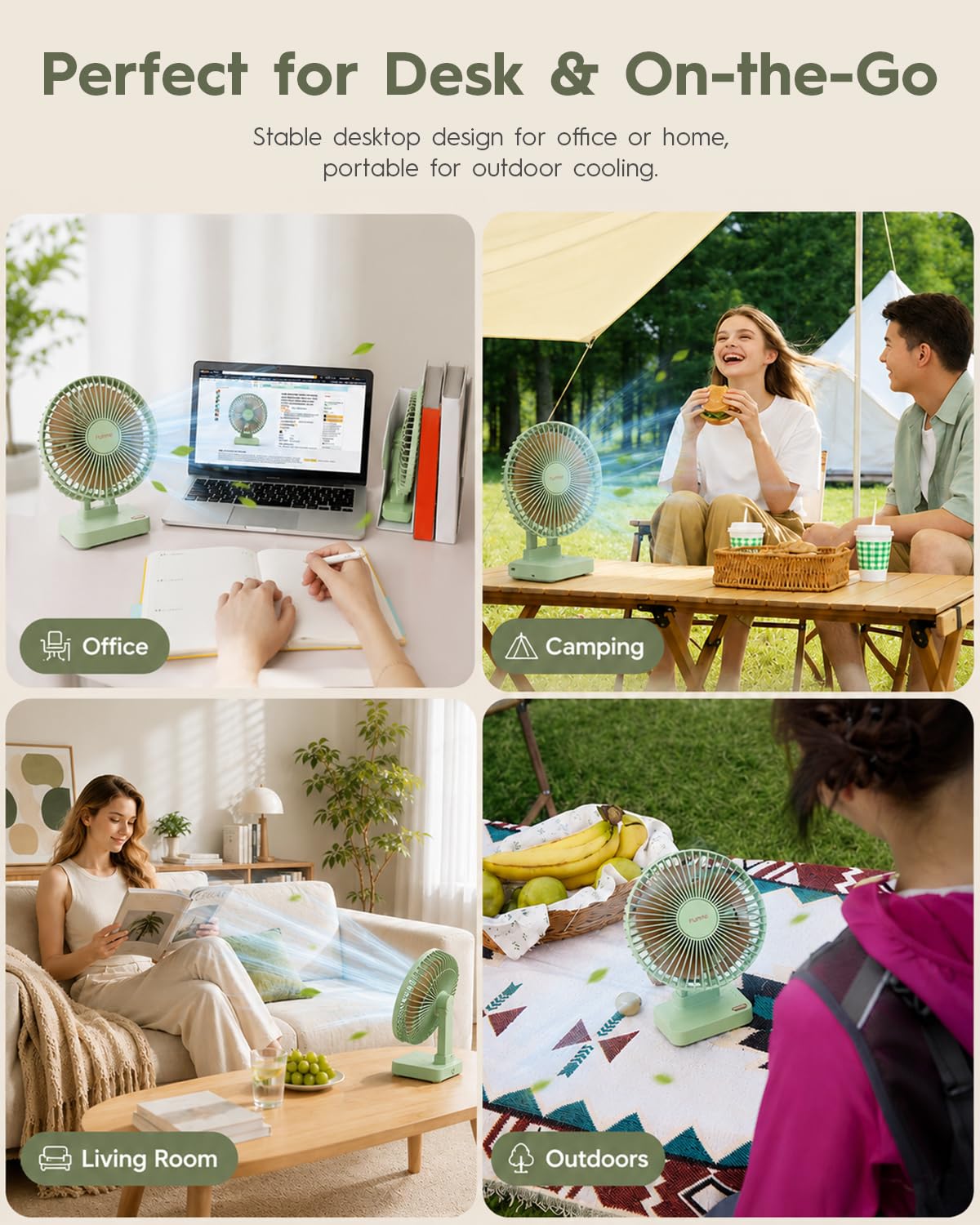 Funme Desk Fan, 6700mAh Rechargeable Table Fan with 23H Max Runtime, 3 Speeds, 90° Adjustable Tilt, Quiet Personal Desk Fan, Portable Desktop Fan forHome Office Bedroom Kitchen, Green