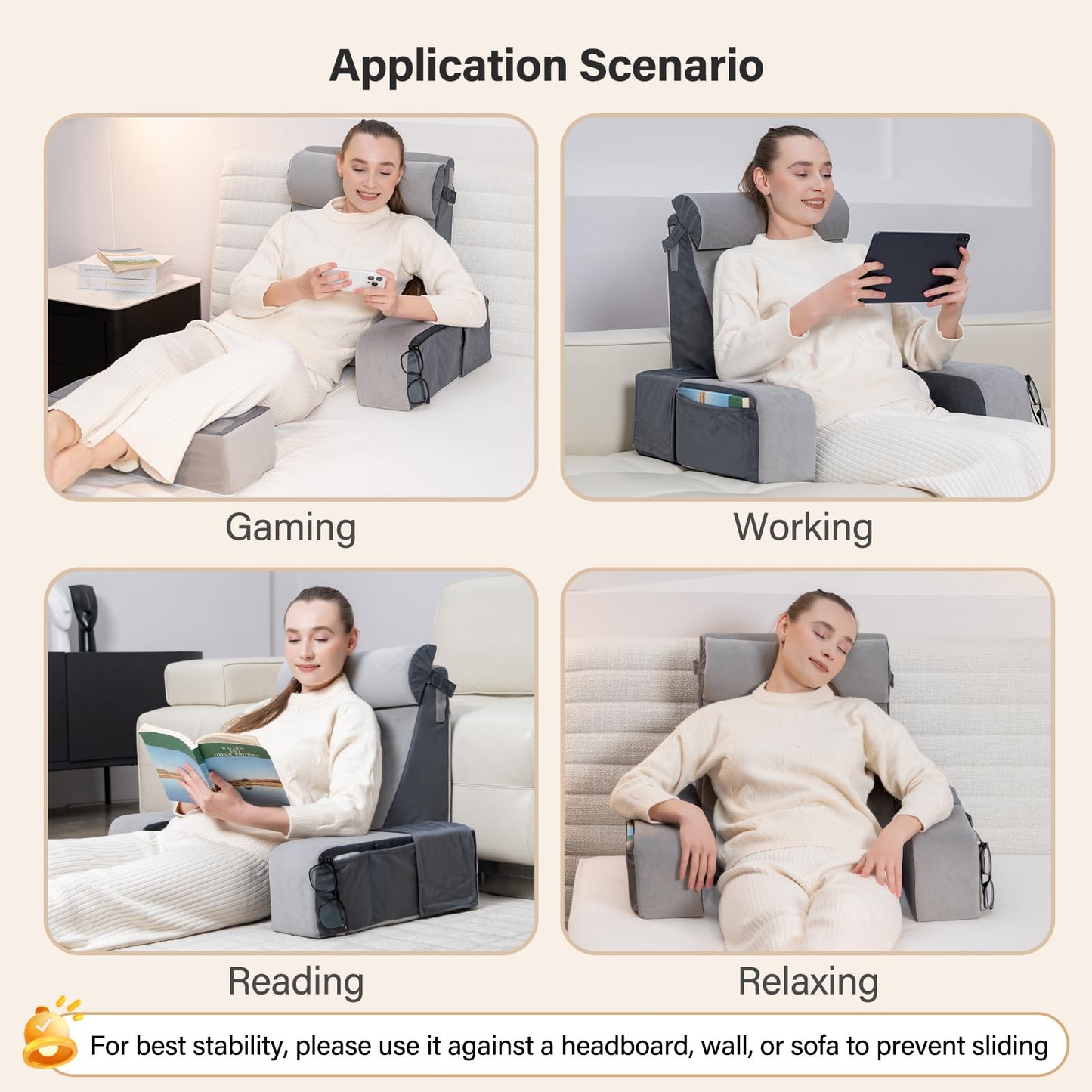 Vekkia 21" Reading Pillow for Sitting in Bed – 60° Ergonomic Wedge Back Pillow, XL Side Pockets, Removable Cover, Support Chair for TV, Gaming, Working, Nursing, Recovery in Bed/Floor,Lightweight