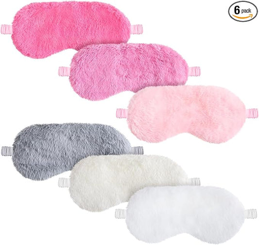 Cuffbow 6 Pcs Plush Sleep Eye Mask Silk Furry Eye Covers for Sleeping Cute Sleep Mask Fluffy Comfortable Sleeping Blindfold for Travel Sleepover Nap Party Supply Women(Simplicity,Pure)
