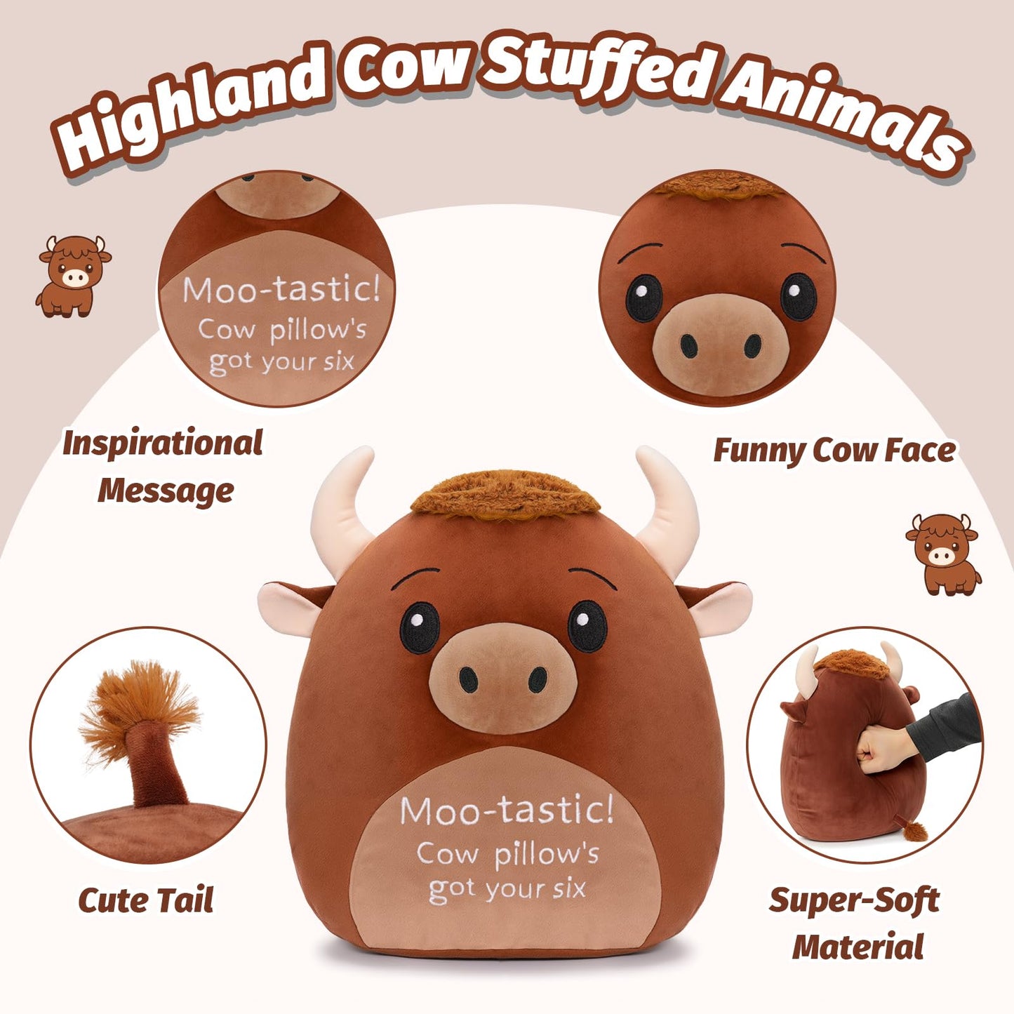 AGIFTMIND 12 inch Cute Highland Cow Stuffed Animals Soft Cow Plush Pillow with Motivational Message for Adults Birthday Decorations (Brown)