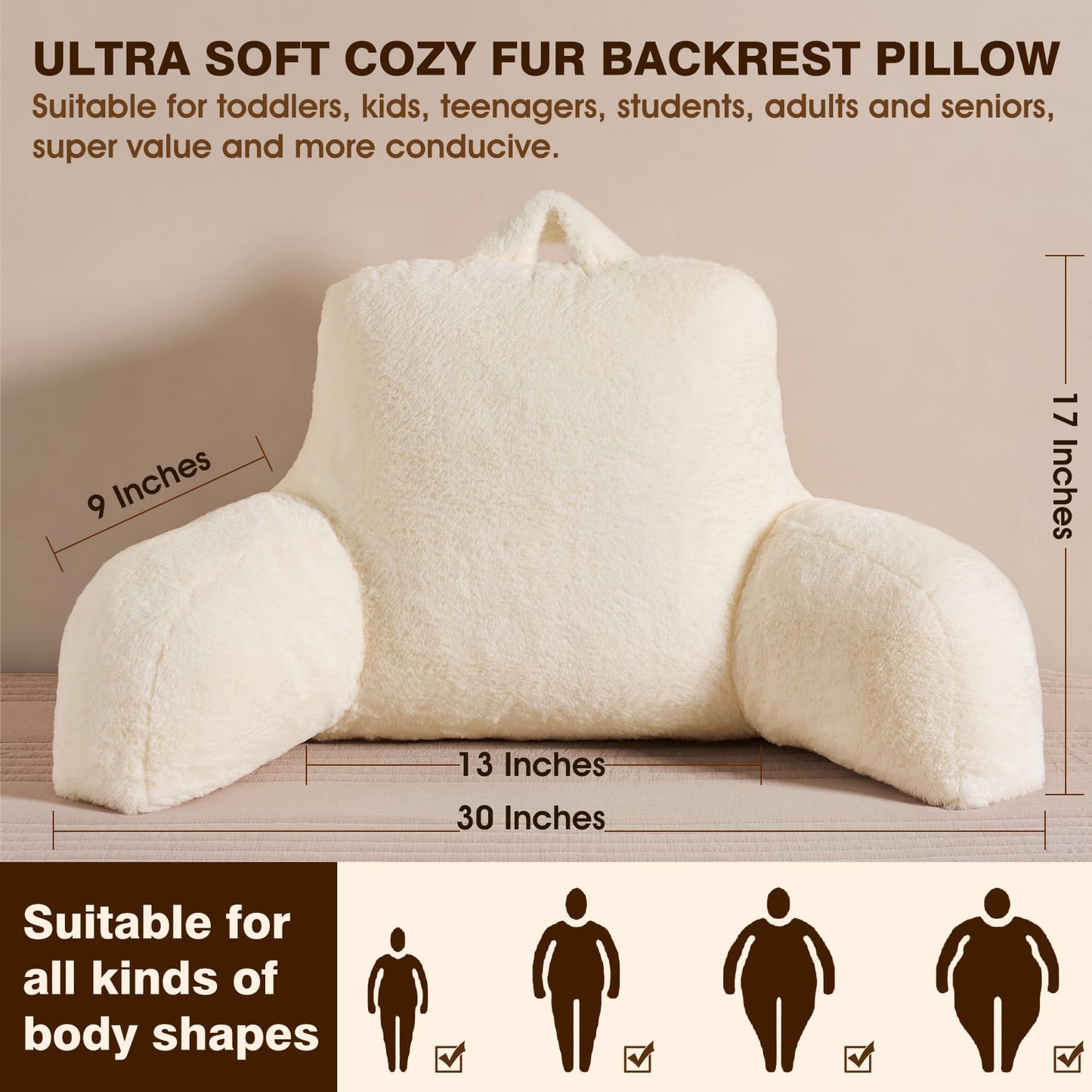 Jillche Bed Faux Fur Reading Pillow for Bed/Couch/Floor/Dorm, Great Cozy Back Pillow for Bed Sitting Up, Fluffy Fur Bed Pillow for Sitting Up for Adults/Teens/Kids, Upgrade Back Support Pillow, Ivory