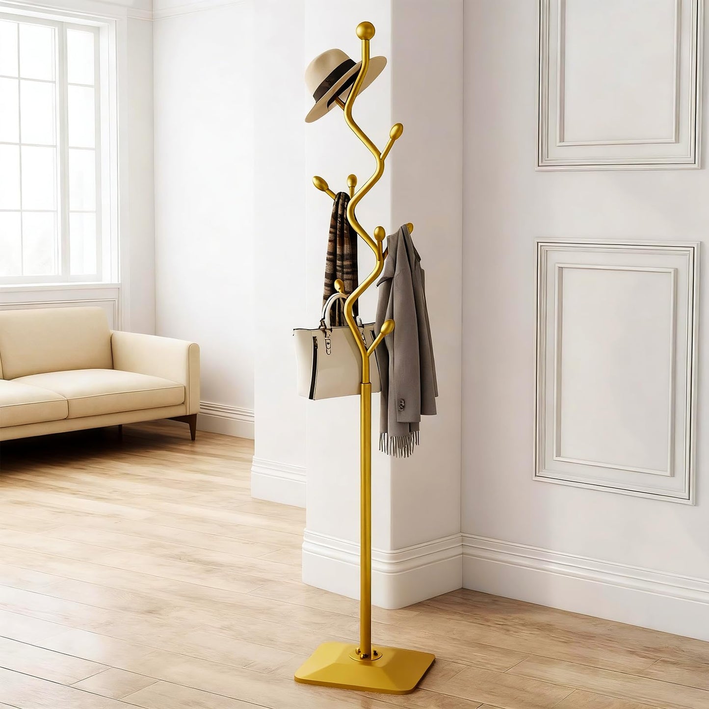 ZEYEXE Gold coat rack,Coat Tree Freestanding heavy duty with 8 Hooks and Sturdy Metal Base for Coat Hats Purses,Tree-shaped Coat Stand for Entryway,Bedroom