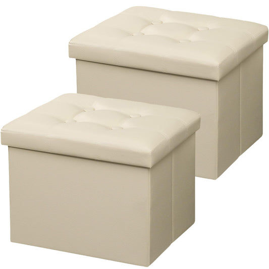 AmasSmile Storage Ottoman Folding Foot Rest Stool, Leather Footstool Bench, Short Ottoman Stool, Storage Foot Rest Store, Books (Beige-2pc, 17" D x 13" W x 13" H)