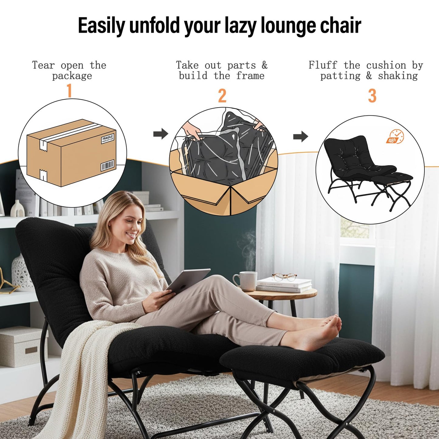 Tiita Accent Lazy Chair with Ottoman, Comfy Lounge Chair with Metal Frame and Plush Fabric, Thick Cushion Seated Cozy Recliner Chair for Reading Room, Living Room, Bedroom, Office, Black