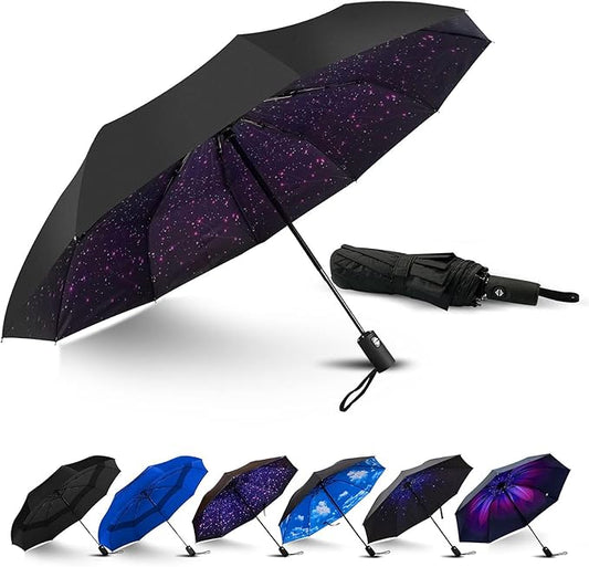 LLanxiry Compact Travel Umbrella, Automatic Open/Close Windproof Umbrella, 10 Fiberglass Ribs, 210T Pongee, UPF 50+ Sun/Rain, Lightweight Portable Umbrellas Travel Size with Carry Sleeve