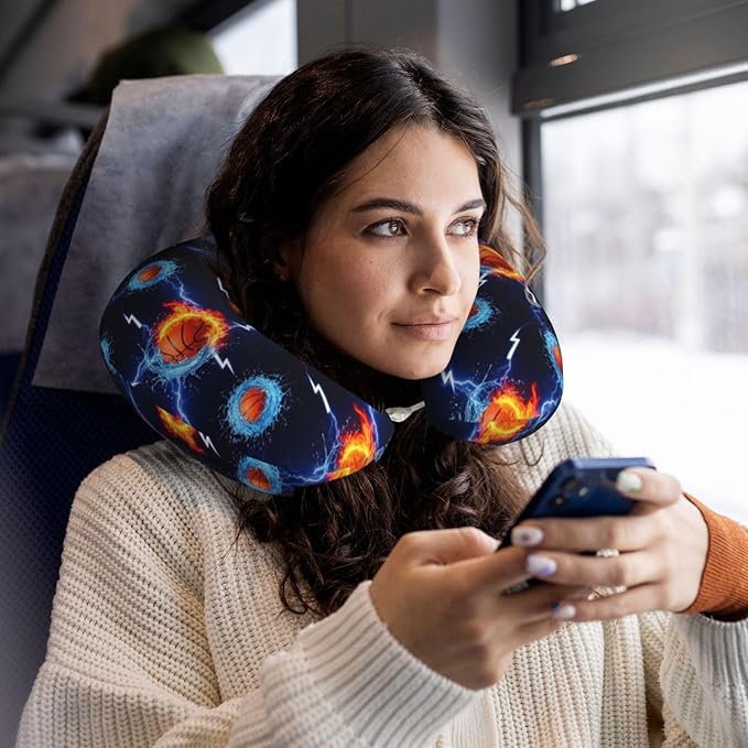 Travel Pillow for Men Women, Washable Relax U Shaped Neck Pillows for Car Head Pain Relief Sleeping Water Fire Flame Basketball Print Black