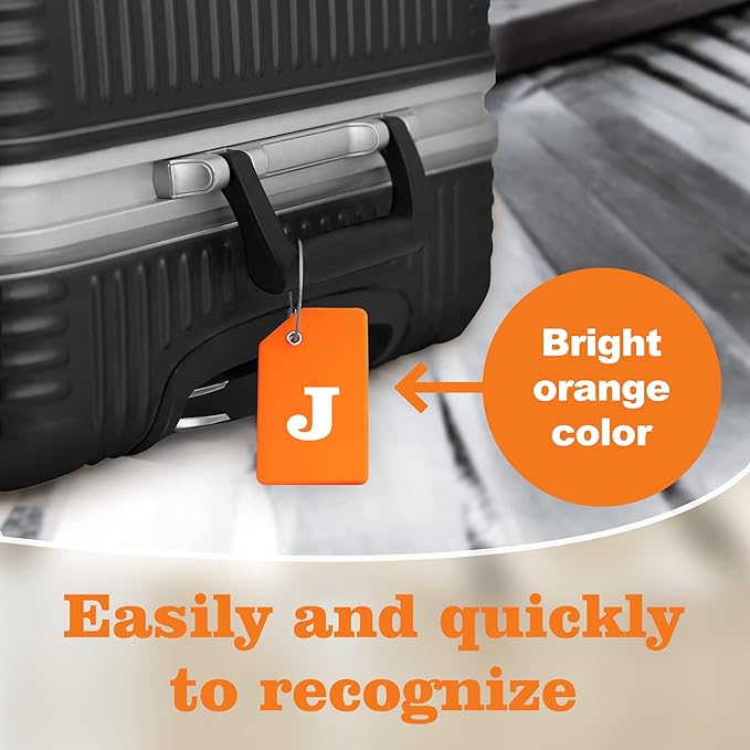 Gostwo 2 Pack Silicone Luggage Tags for Suitcases, 26 Initial Letter Baggage Labels Handbag School Bag Suitcase Instrument Tag with Stainless Steel Loop(Orange)(Letter J)