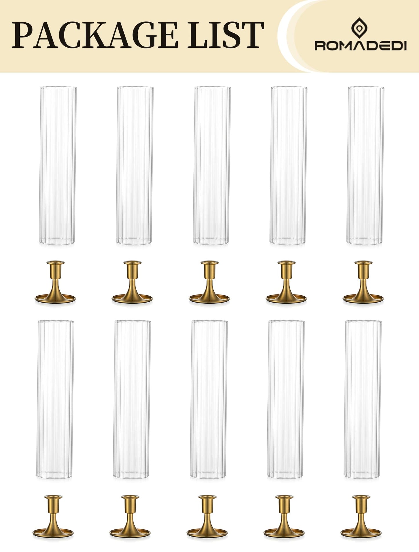 Romadedi Hurricane Glass Candle Holder: Set of 10 Gold Taper Candle Sticks Holder with Ribbed Cylinder Cover & Weighted Base for Table Centerpiece Wedding Christmas Party Outdoor