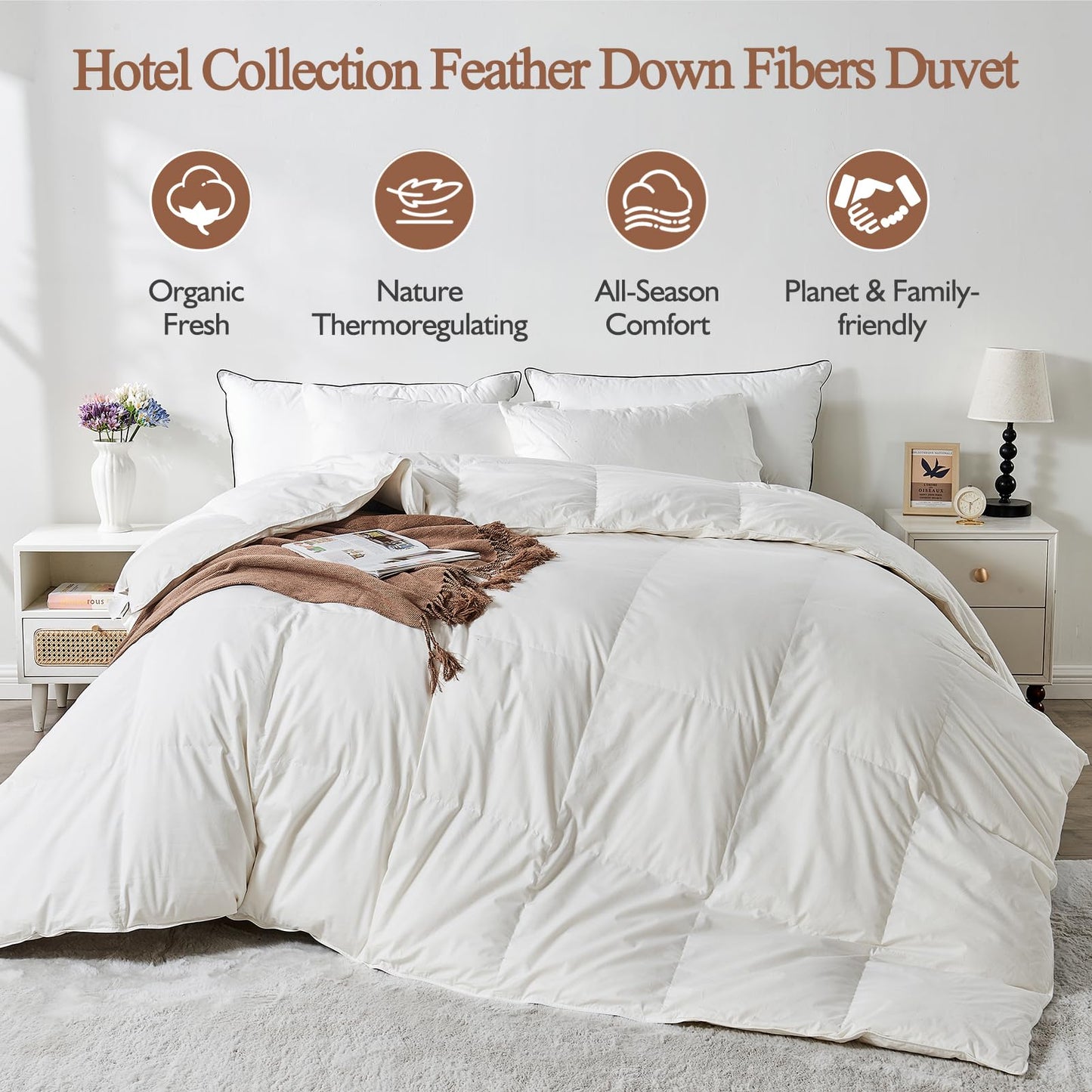 KUSNUG 100% Organic Cotton Feather & Down Fibers Comforter King Size, All-Season Hotel-Style Hypoallergenic Duvet Insert, Ivory White 106x90 Inch