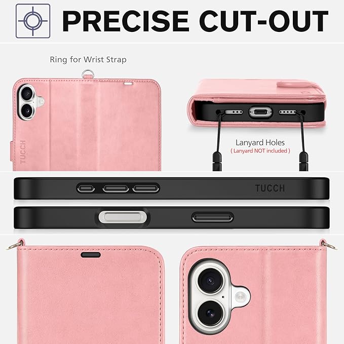 TUCCH Wallet Case for iPhone 17 (6.3") 2025, Wrist Strap | 4 Card Slots | RFID Blocking | Stand | Shockproof TPU Shell | PU Leather | Magnetic | Protective Flip Cover | Rose Gold