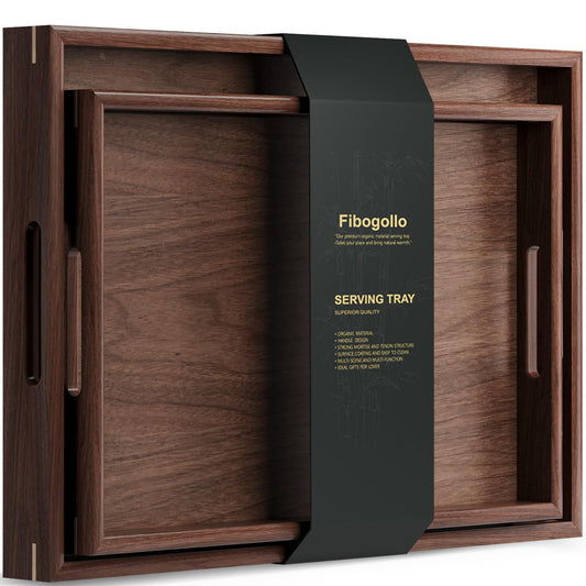 Fibogollo Set of 2 Walnut Wooden Serving Tray with Handles,Decorative Trays Platter,Breakfast Tray in Bed,Large Coffee Table Tray, Food Drinks Trays for Eating,Working,Storing