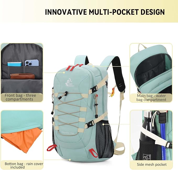 Bseash 40L Waterproof Hiking Backpack with Rain Cover, Outdoor Sport Travel Bag Daypack for Camping Climbing Skiing Cycling (Milk Green)
