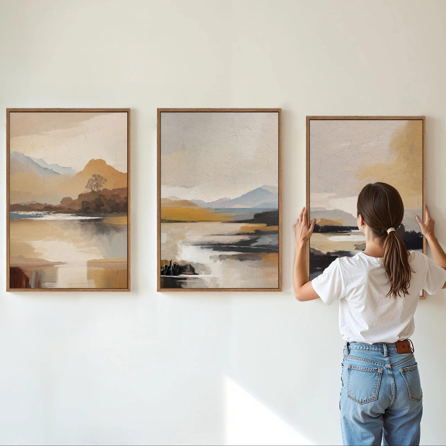 Tinonedraw Beige Abstract Mountain Framed Canvas Wall Art, Mid Century Modern Wall Decor, Rustic Golden Hour Lake Artwork, Neutral Nature Landscape Art Paintings for Living Room Bedroom 16"x24"x3