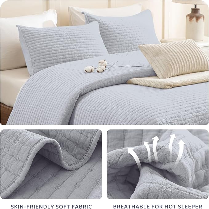 Sanracie Stonewashed Cotton Coverlet King Size(110"x98"), Cornflower Blue Cross Stitch Pattern Quilt Bedding Set 3Pcs Extra Soft Breathable Crinkle Quilted Bedspread Set for All Season