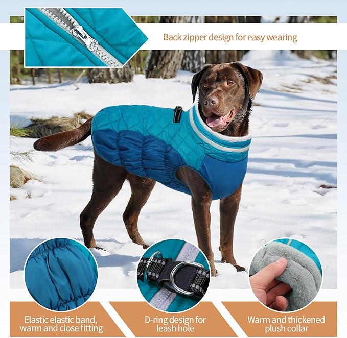 OUOBOB Winter Dog Coat,Large Dog Jacket,Waterproof Pet Jacket with Back Zipper,Pet Coat with Harness Built in,Warm Dogs Coat with Fleece Lined,Snow Jacket Clothes French Bulldog Shiba Inu,L
