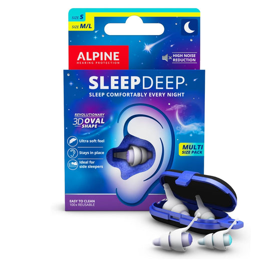 Alpine SleepDeep Earplugs for Sleeping – Side Sleepers & Snoring – Ultra-Soft Noise Reducing Earplugs – 27dB SNR – Hypoallergenic, Silicone-Free – 2 Pairs (S + L)