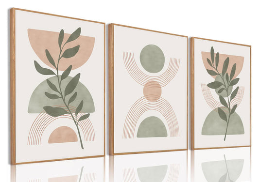 Bwodke Boho Wall Art, Framed Abstract Wall Art, Green Botanical Neutral Canvas Wall Decor, Large Mid Century Plant Pictures Set of 3, Modern Minimalist Paintings, for Bedroom Living Room Bathroom