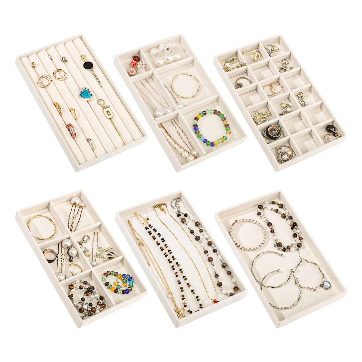 Dntorx Stackable Jewelry Organizer Trays, 6 Set of Velvet Jewelry Drawer Insert Sets Organizer Trays Jewelry Display Case Storage with Removable Dividers for Earring Necklace Rings Bracelet（Beige）