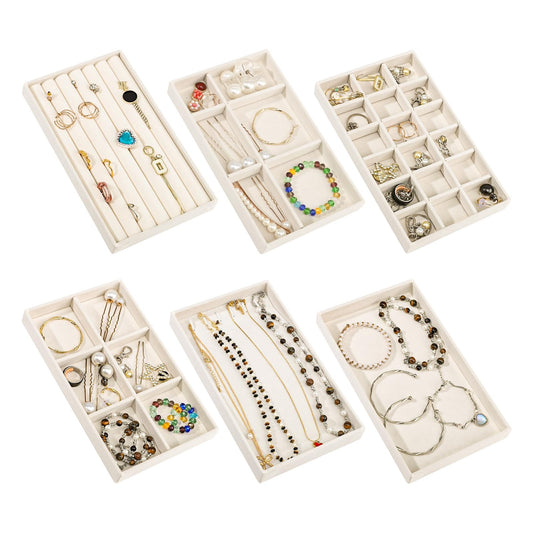 Dntorx Stackable Jewelry Organizer Trays, 6 Set of Velvet Jewelry Drawer Insert Sets Organizer Trays Jewelry Display Case Storage with Removable Dividers for Earring Necklace Rings Bracelet（Beige）