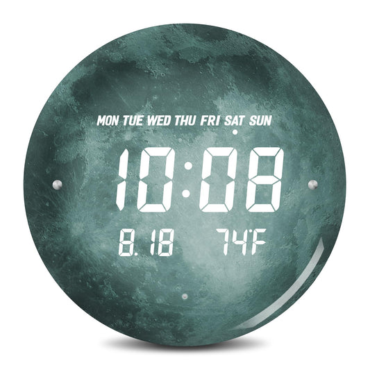 SCOAGE Digital Moon Wall Clock with Temperature/Time/Date, 12'' Modern Led Wall Clock Battery Operated, Smart Dimming, Large Display Decorative for Bedroom/Office/Kitchen