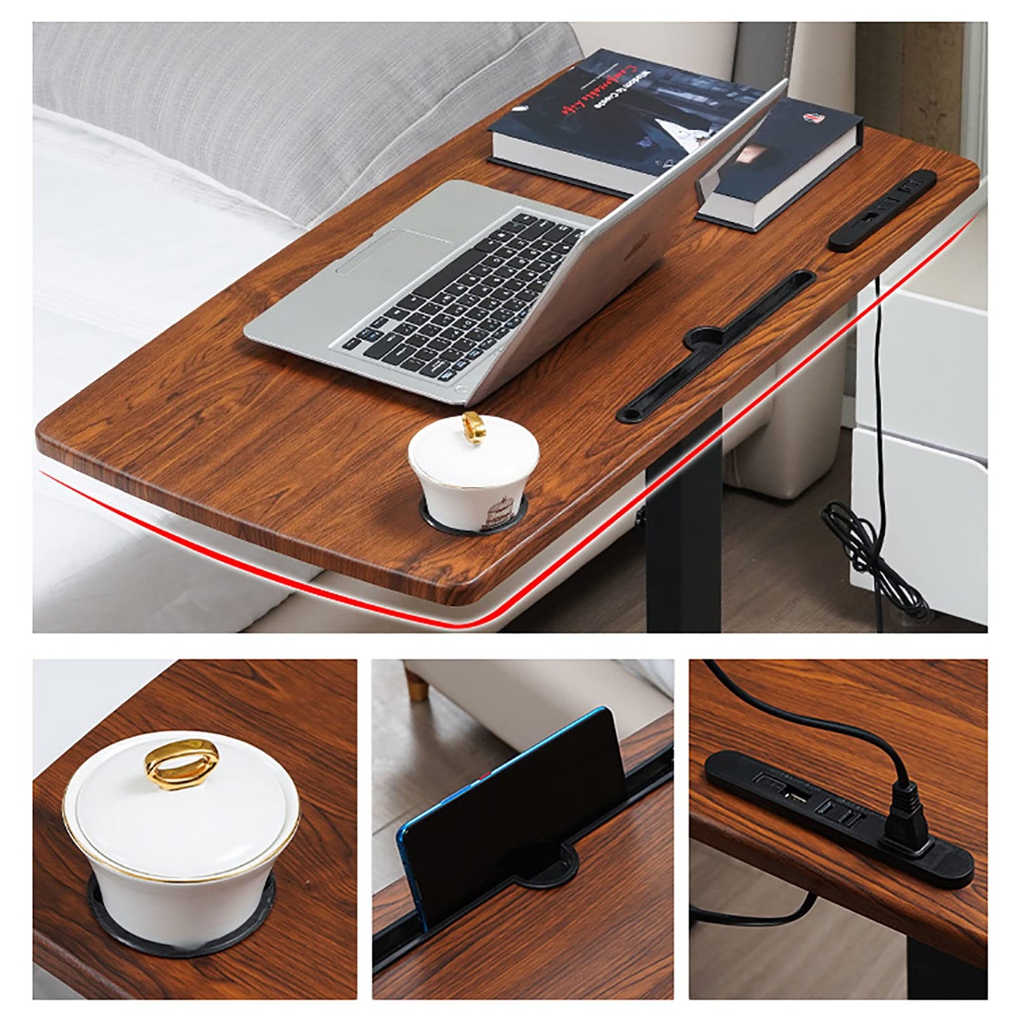 ALEEIK Bedside Desk with Wheels,Mobile Rolling Laptop Stand Height Adjustable Tray Table for Laptop Bed Sofa Side Table,Space-Saving, 33.5 x 18 Inches
