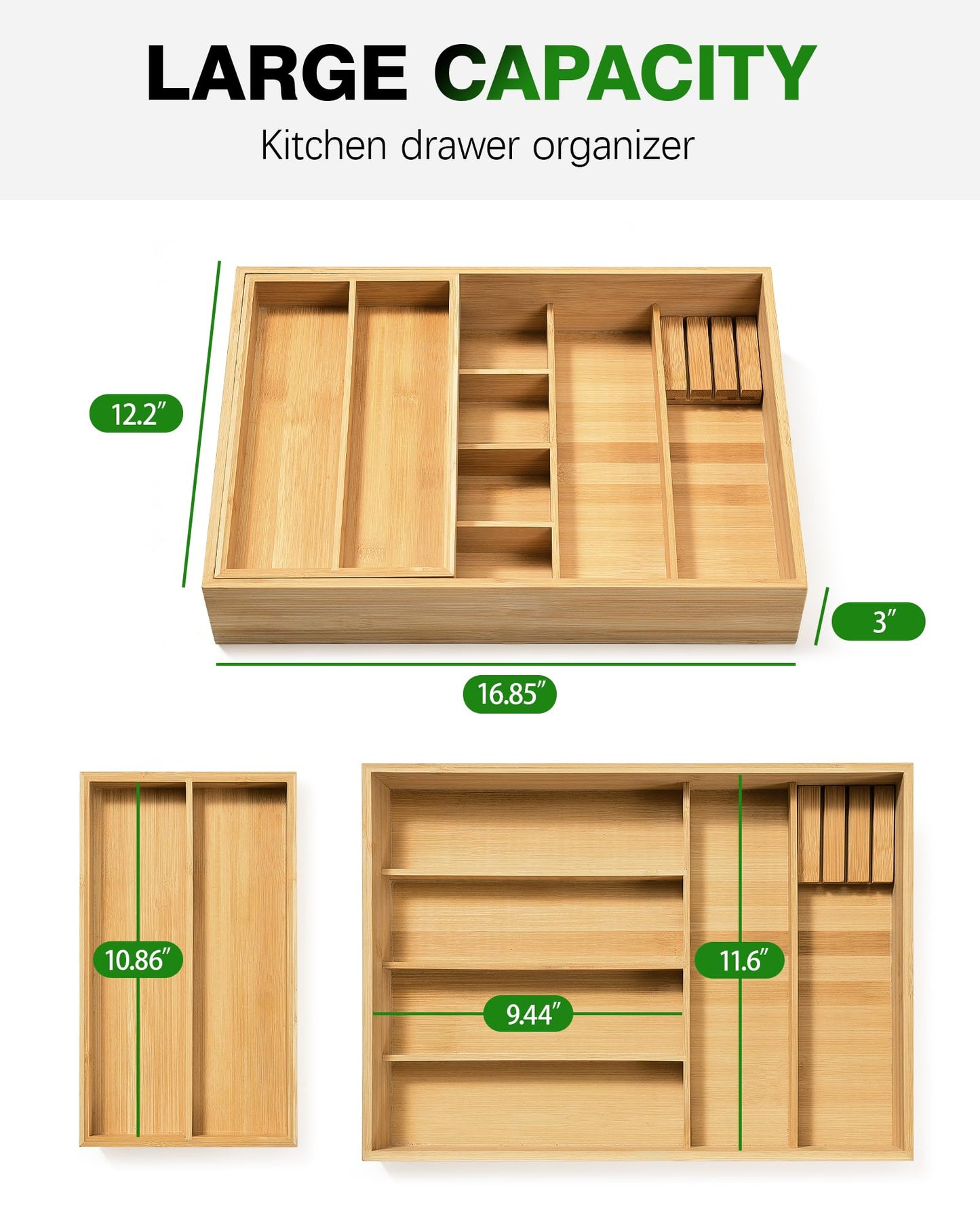 HULISEN Double Layer Bamboo Utensil Drawer Organizer, 2 Tier Silverware Cutlery Drawer Organizer with Sliding Top & Removable Knife Holder, Deep 8-Slot Kitchen Drawer Organizer